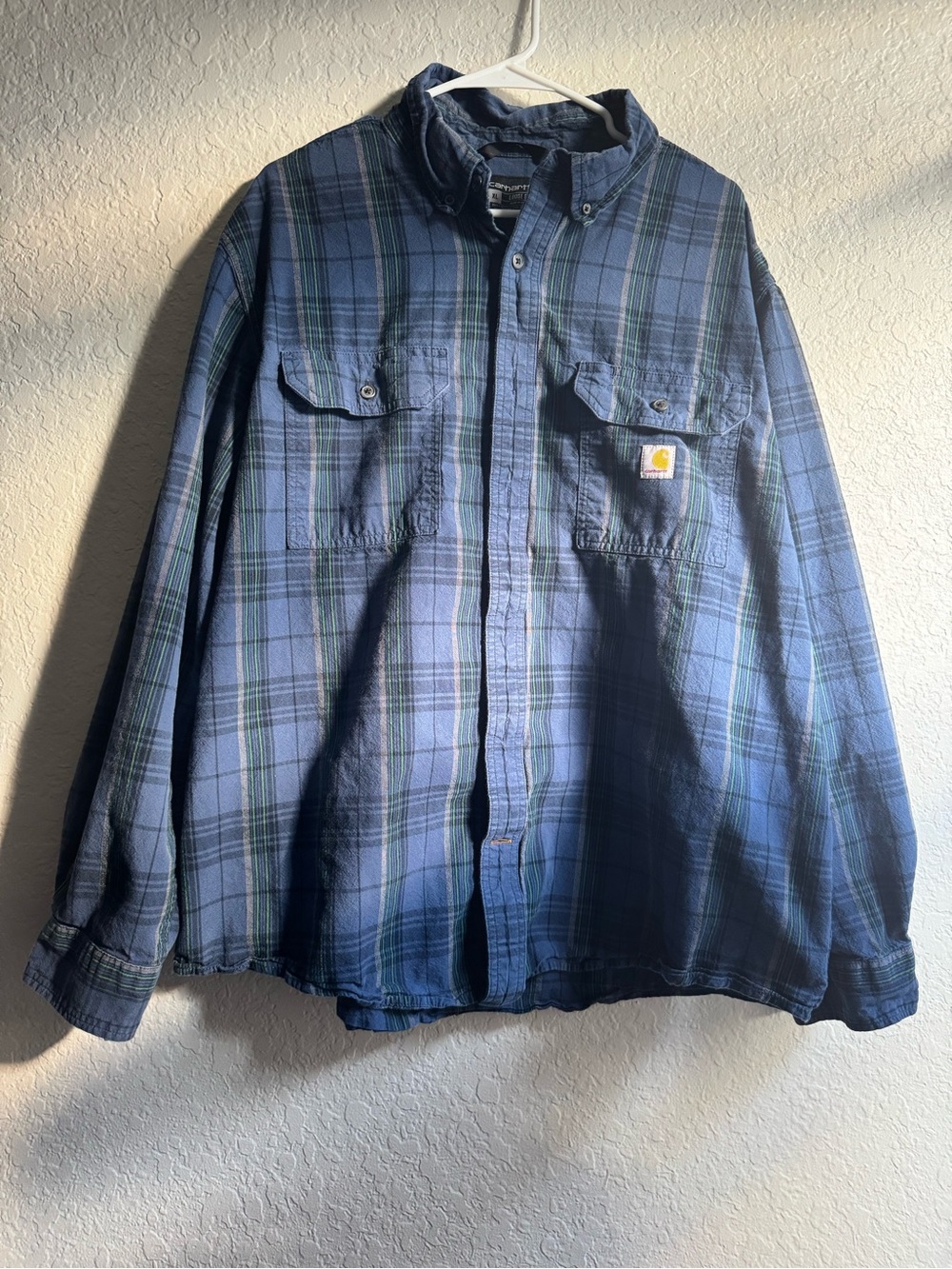 Carhartt Men's Blue and Green Plaid Button-Down Work Shirt